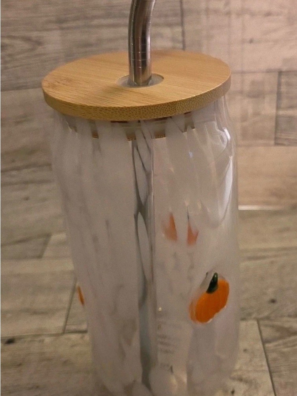 NIB Anthropologie White Juice Glass Pumpkin with Bamboo Lid